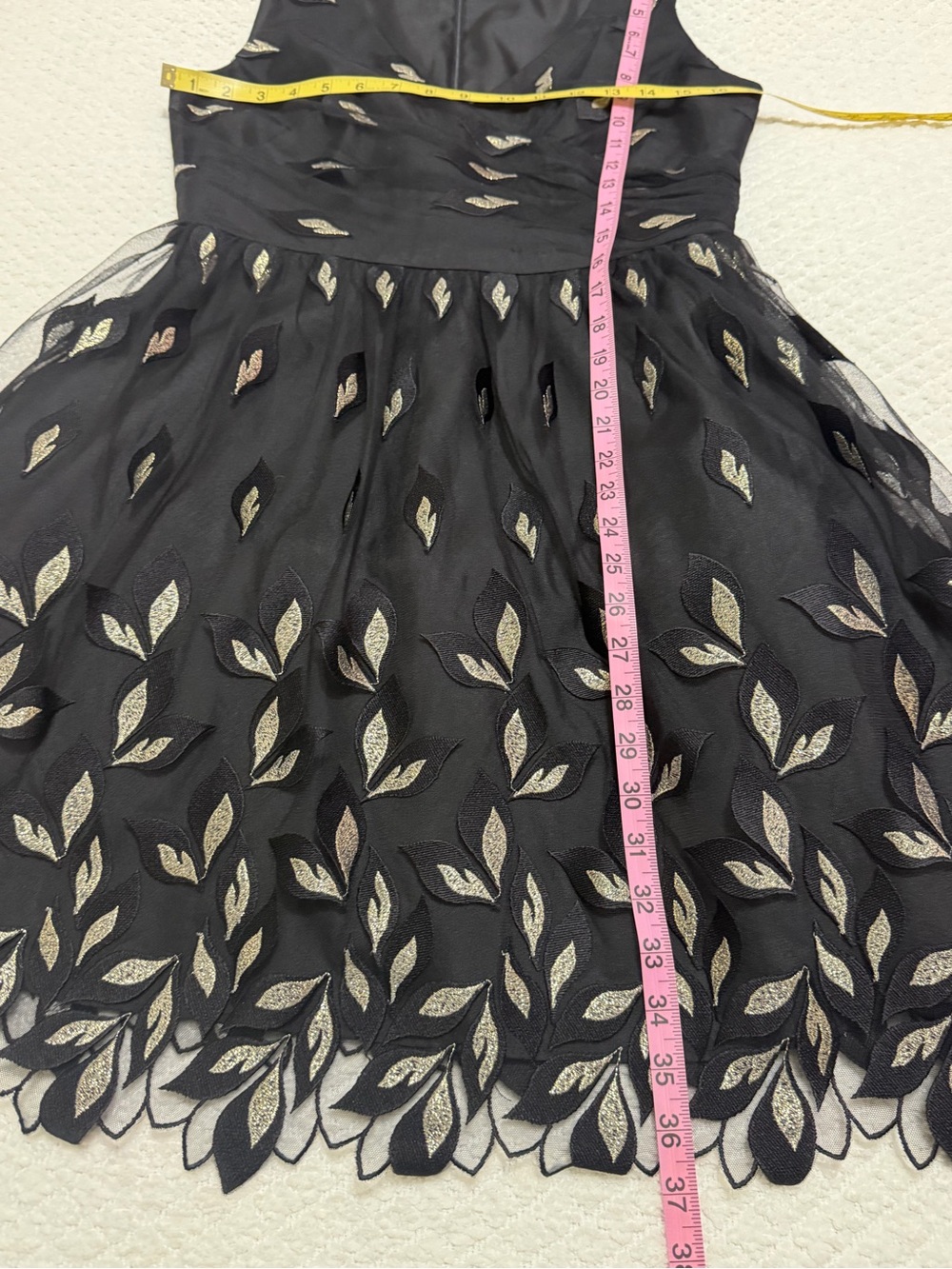 Anthropologie Shoshanna Joalyn Metallic Black Dress with Embroidered Gold Leaves - Picture 6 of 12